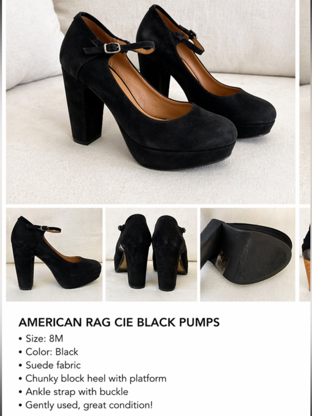 American Rag Cie Black Mary Jane Heels Size 8 Suede Ankle Strap Chunky Heel
